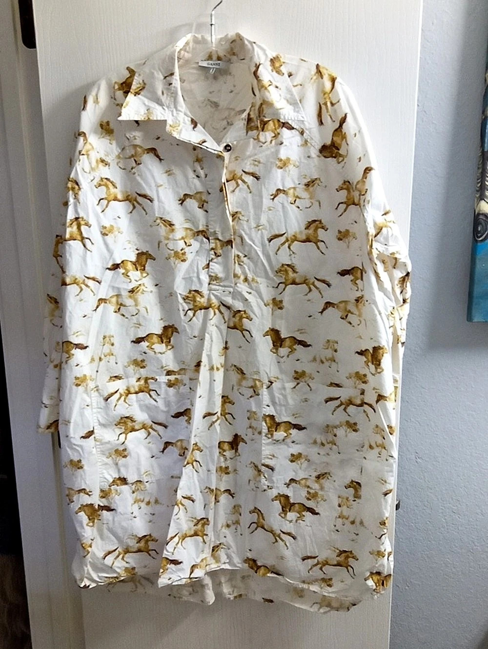 GANNI Horse Print Button-Up Shirt Dress White & Brown